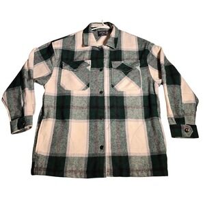 HFX Mens Green Cream Plaid Flannel Shirt Jacket Snap Front Shacket Size Medium